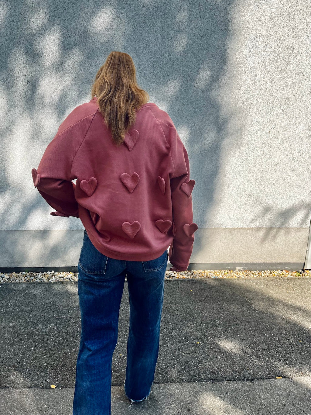 Handmade Organic Cotton Sweater – 3D Hearts (Dusty Pink)