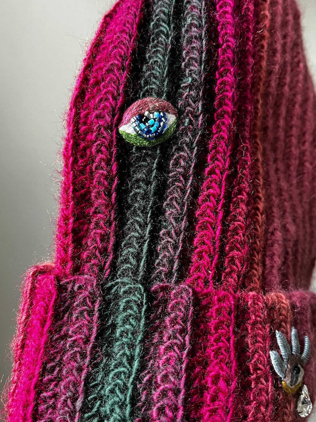 Handmade Crochet Beanie – Three Eyes Embroidery (Pink Ombre)