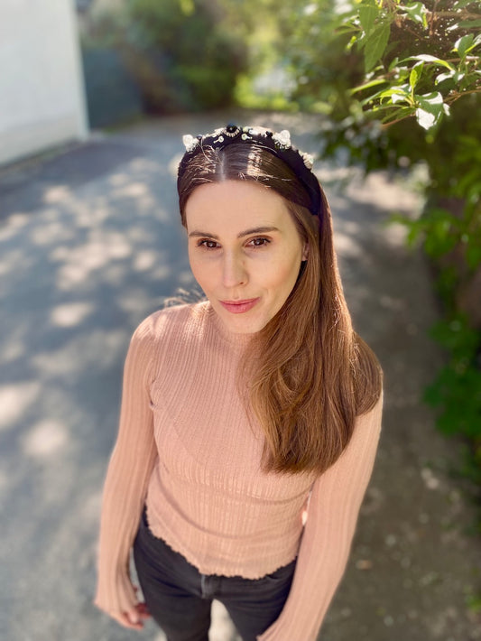 Handmade Beaded Headband – Black with Crystals