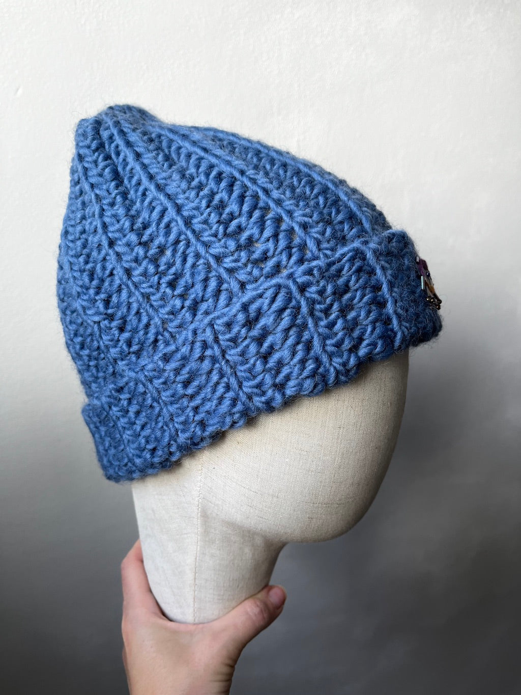 Handmade Crochet Beanie – Eye Embroidery (Blue) with 100% Wool