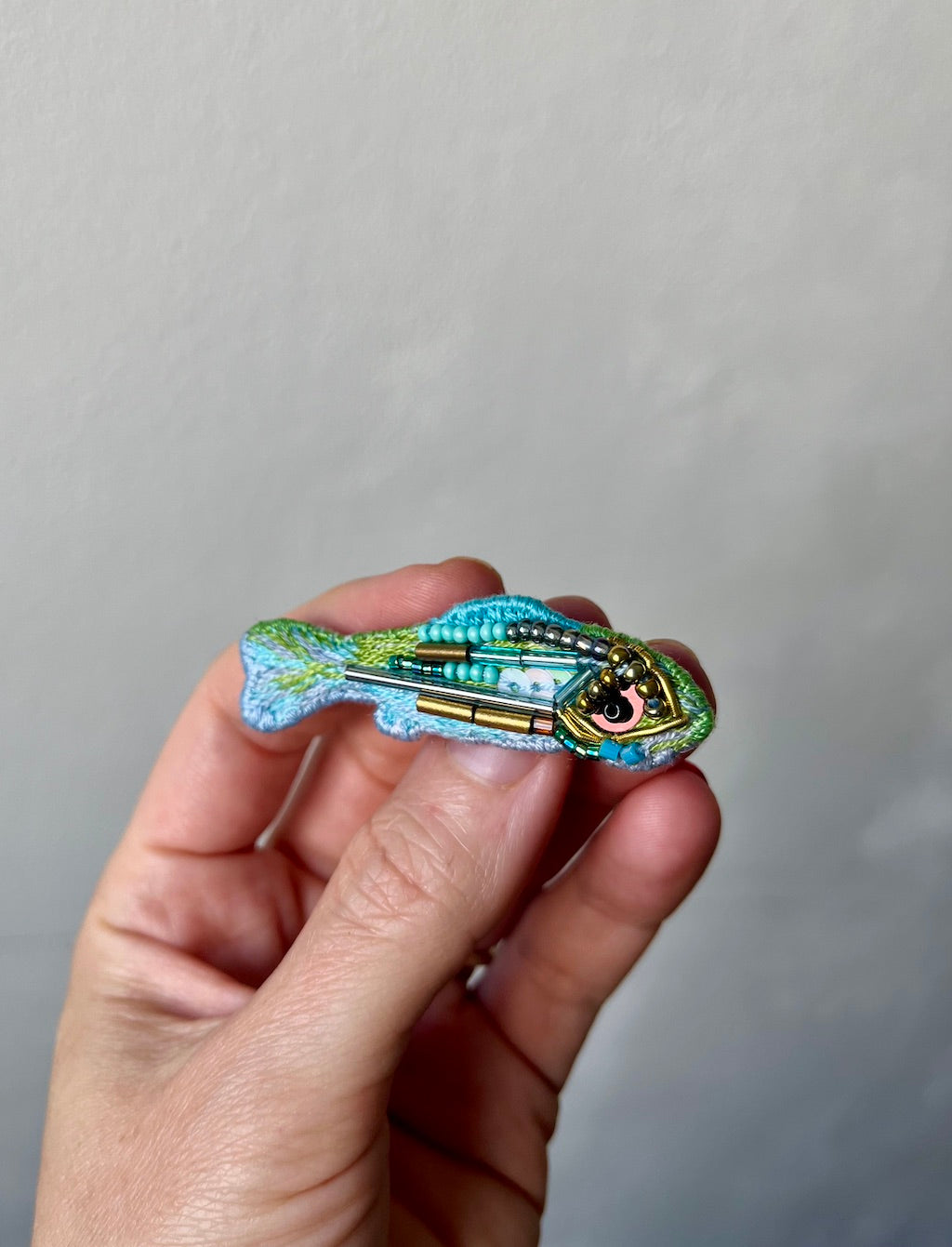 Handmade Embroidered Brooch – Fish (Blue & Green)