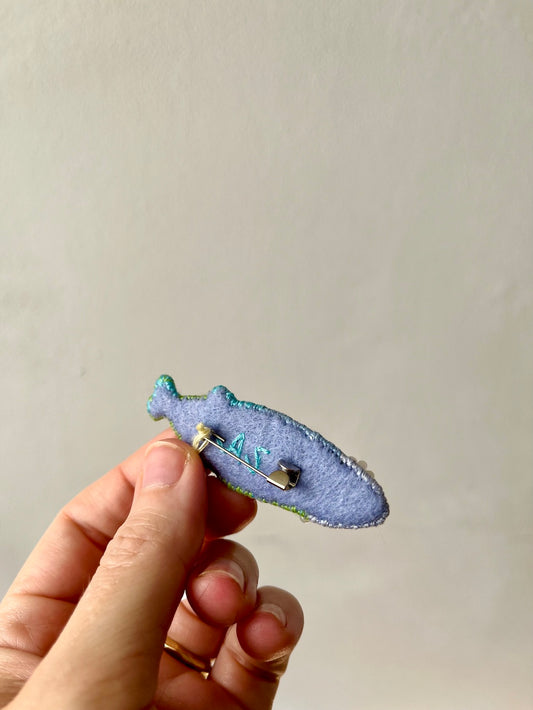 Handmade Embroidered Brooch – Fish (Blue & Green)