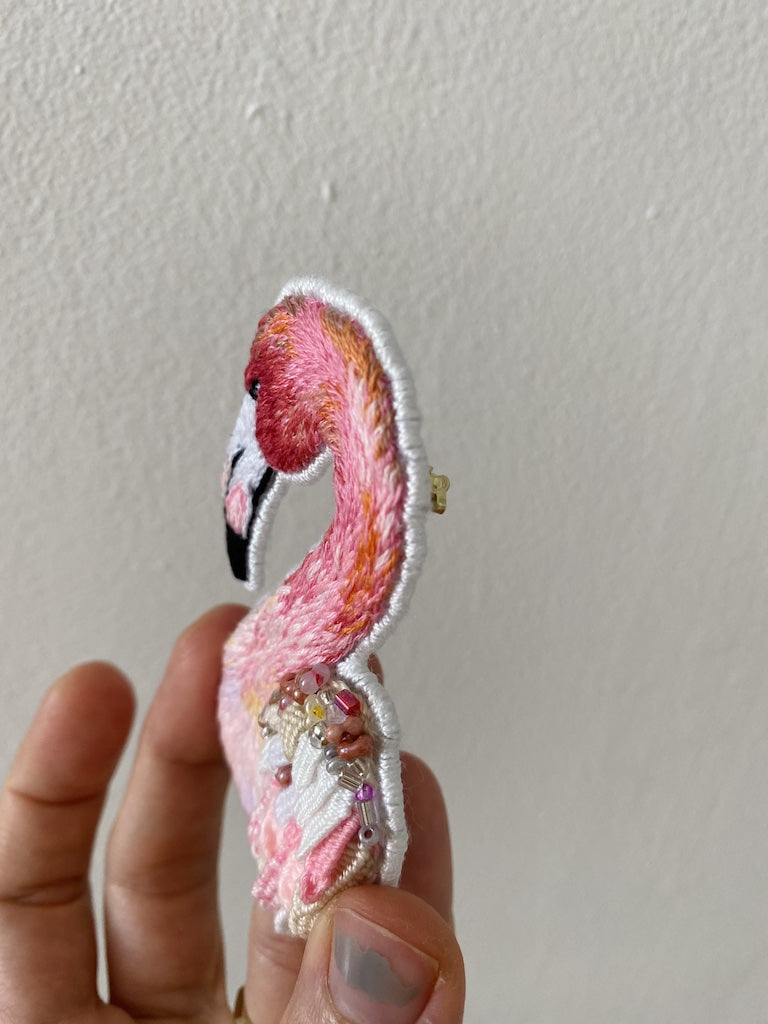 Handmade Embroidered Brooch – Pink Flamingo