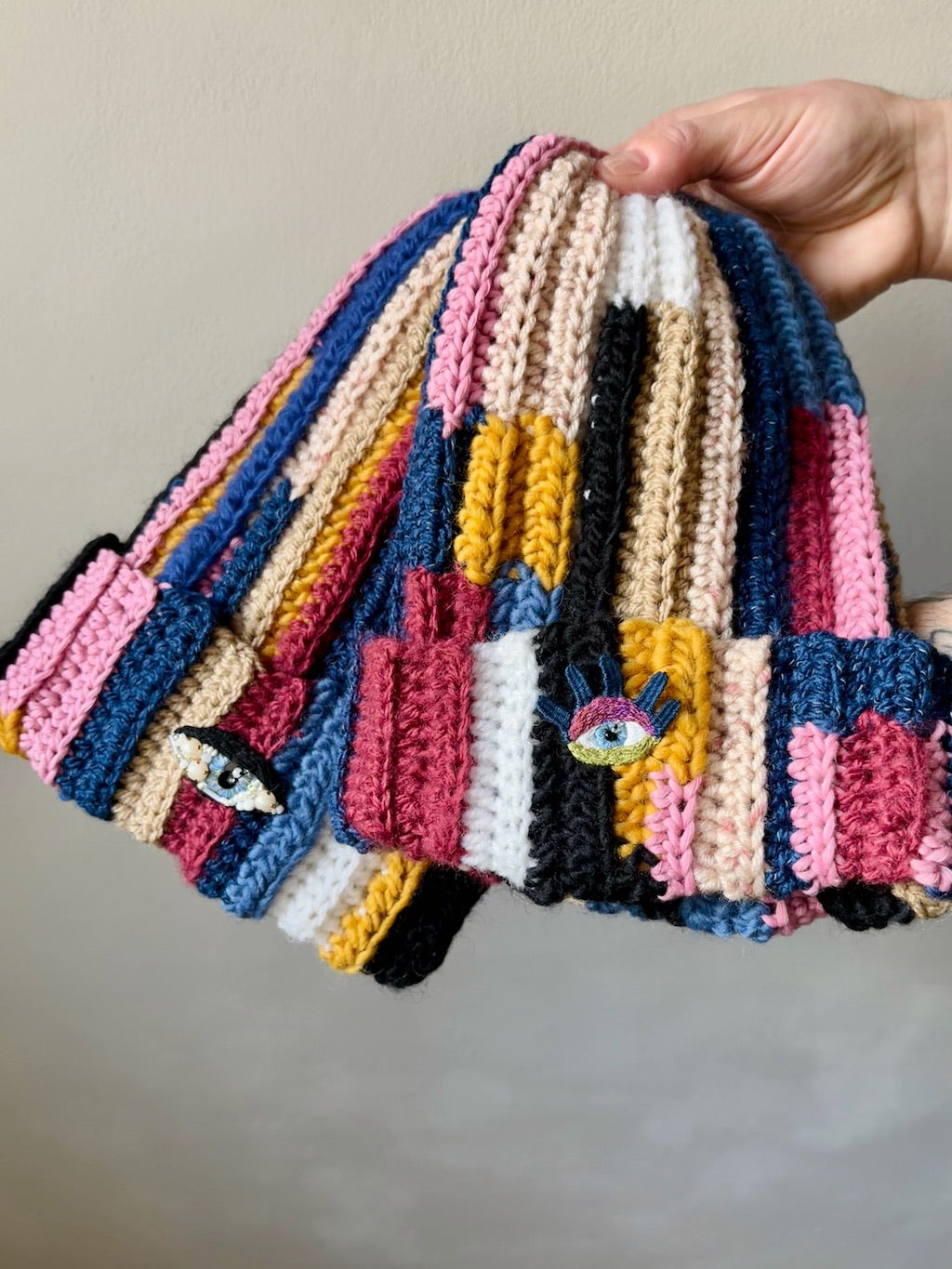 Handmade Crochet Beanie – Eye Embroidery (Colorful) with Mixed Yarn