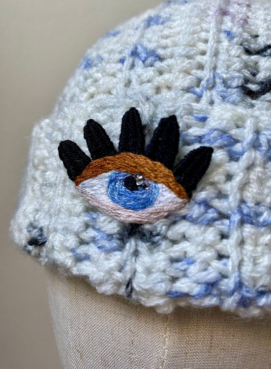 Handmade Crochet Beanie – Eye Embroidery (Pastel Speckle)