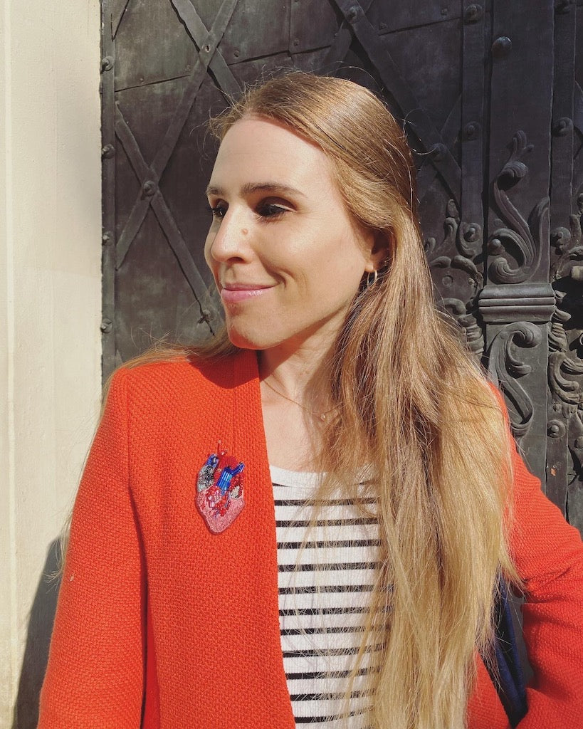 Handmade Embroidered Brooch – Heart with Brown Stone