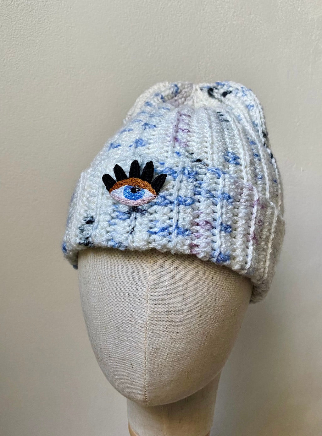 Handmade Crochet Beanie – Eye Embroidery (Pastel Speckle)
