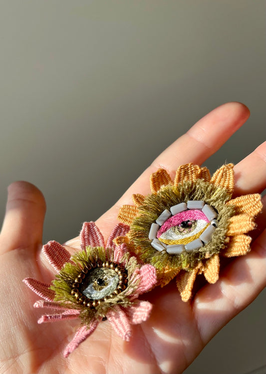 Handmade Embroidered Brooch – Flower Eye in Orange with Grey Beads