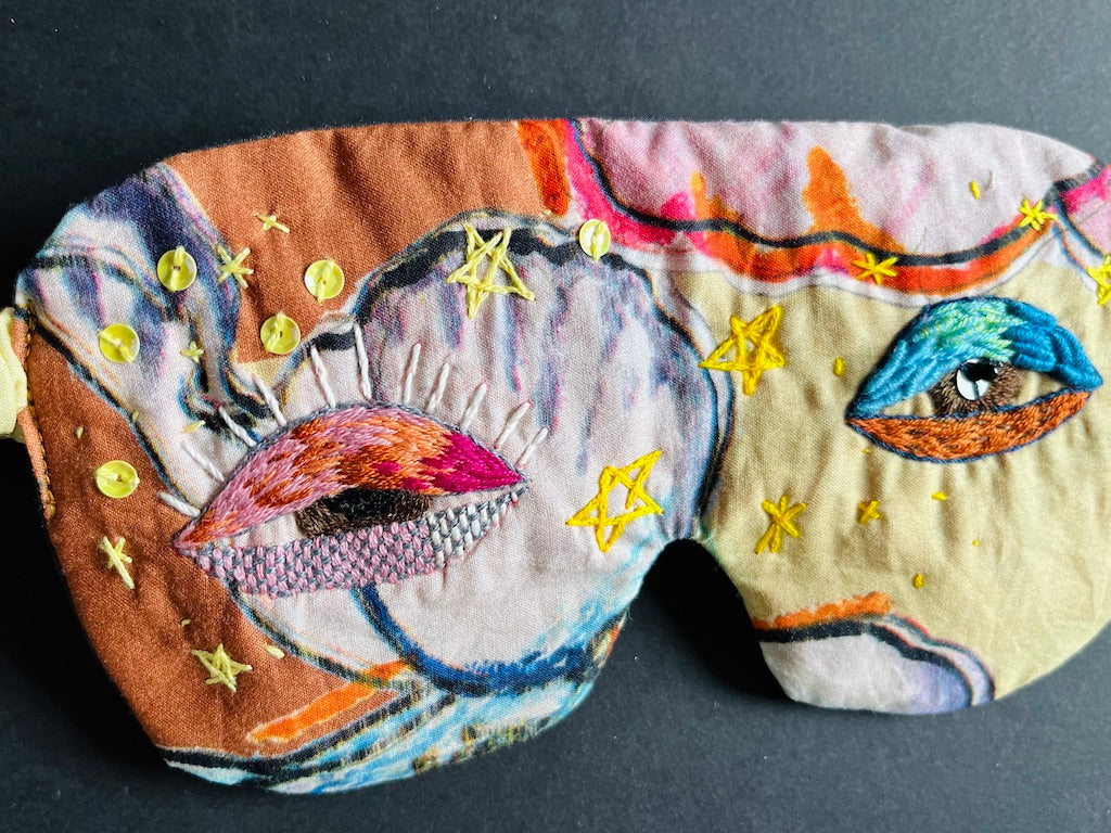 Handmade Sleep Mask – Hand-Embroidered Whimsical Eyes (Colourful)