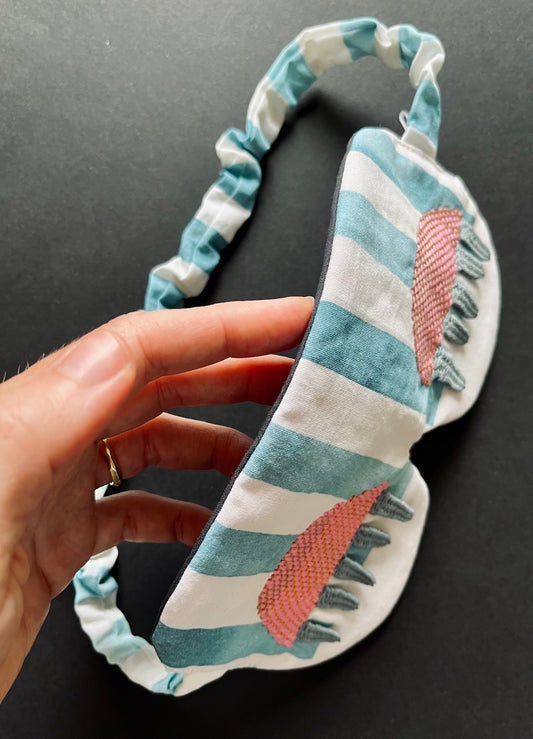 Handmade Sleep Mask – Hand-Embroidered Eyes (Striped Fabric)