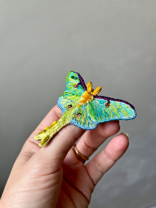 Handmade Embroidered Brooch – Green Luna Moth
