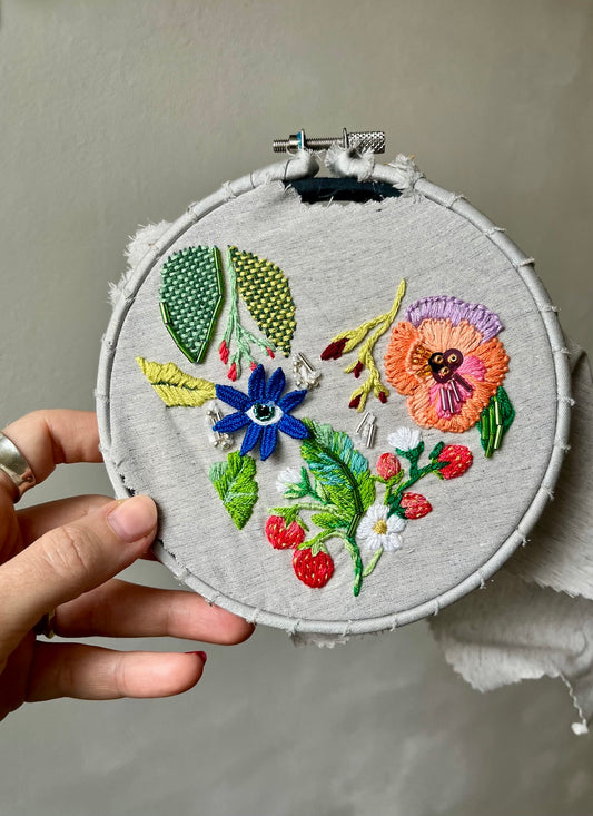 Embroidery hoop with strawberry flowers held by a hand against a neutral background