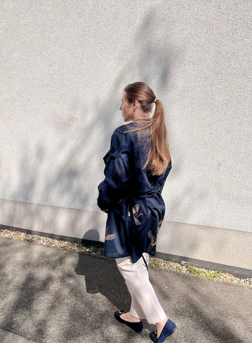 Handmade Black Trench Coat with Crane Print — Poplin Cotton (Size M)