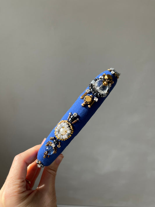 Handmade Beaded Headband – Royal Blue with Crystals