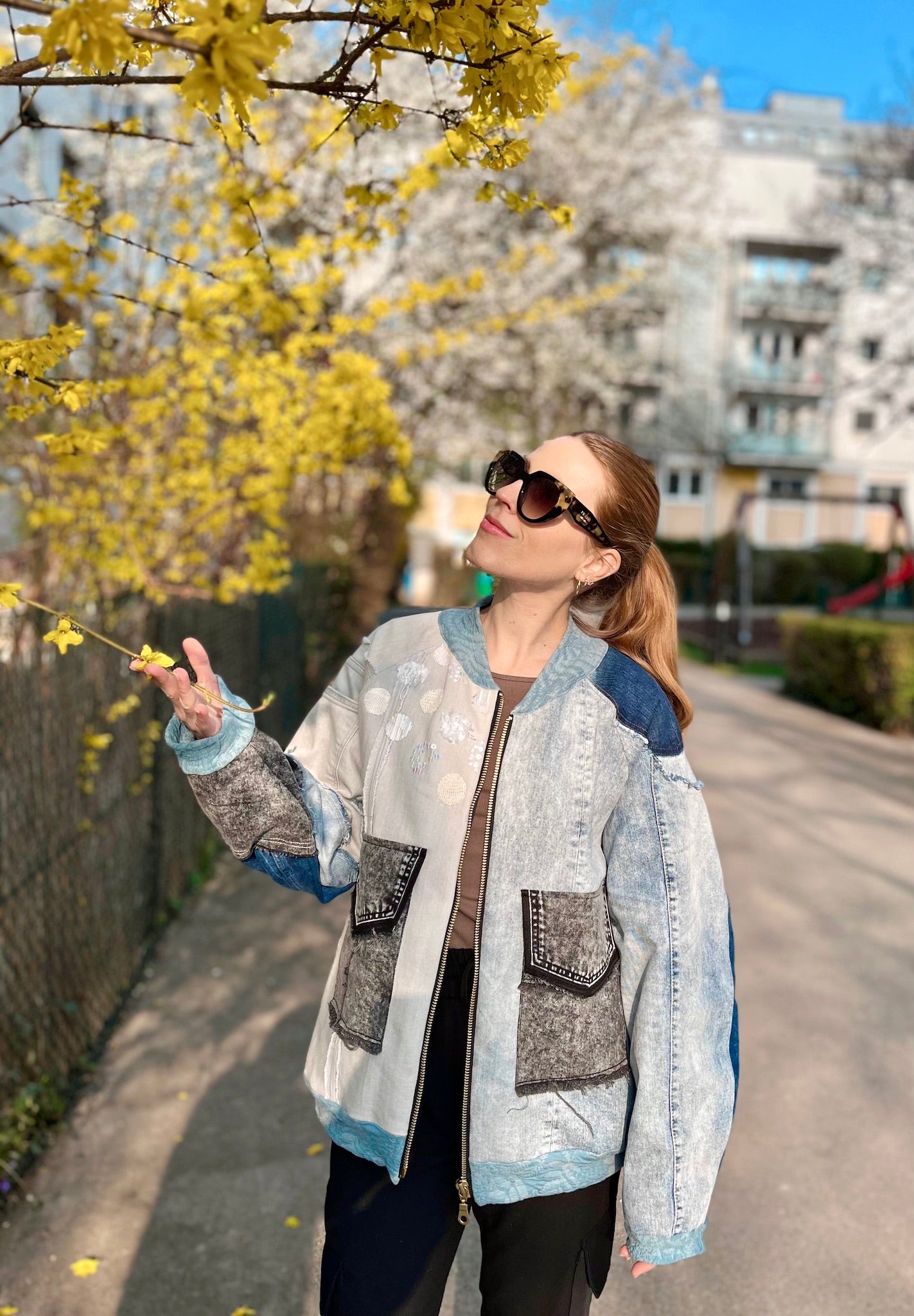 Denim Collage Art Bomber Jacket with Hand-Stitched Lion — Lined (Size M)