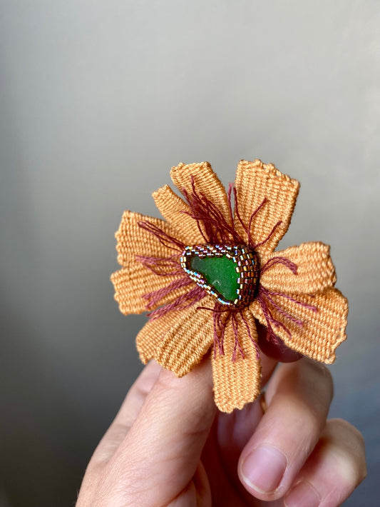 Handmade Embroidered Brooch – Sea Glass Flower (Orange)