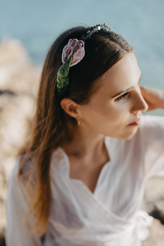 Handmade Embroidered Headband – Pink Tulip