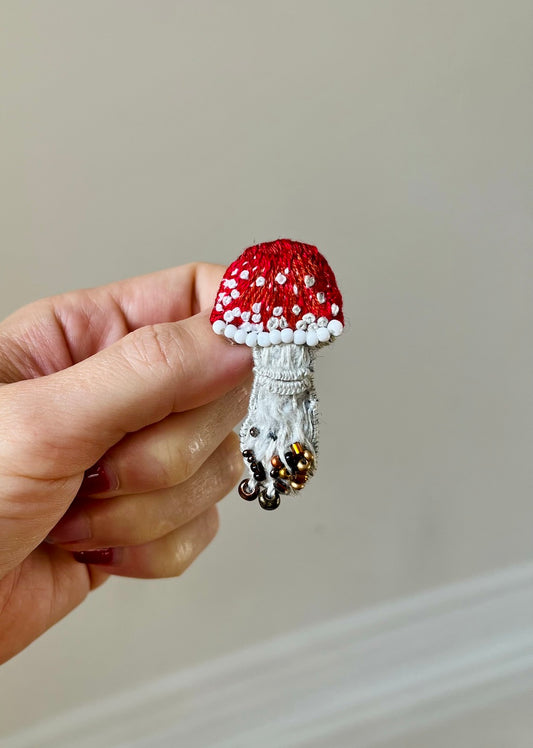 Handmade Embroidered Brooch – Fly Agaric (Mushroom)