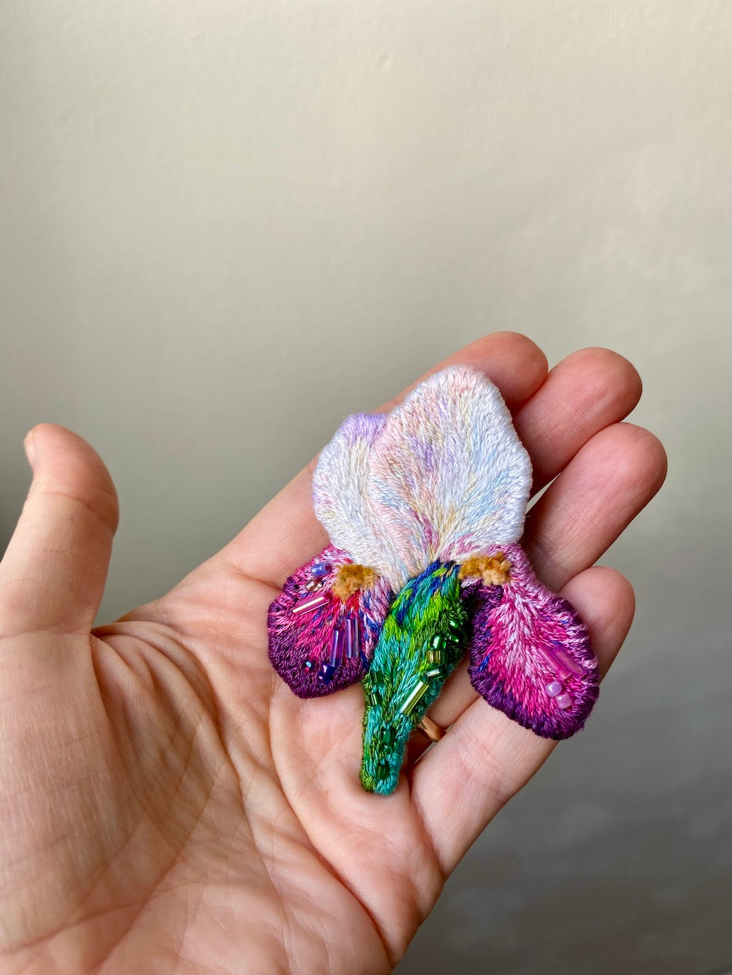 Handmade Embroidered Brooch – White Iris Flower