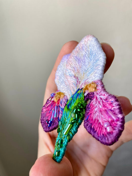 Handmade Embroidered Brooch – White Iris Flower