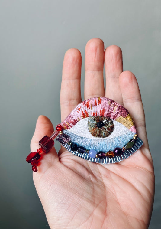 Handmade Embroidered Brooch – Eye with Multicolor Beads