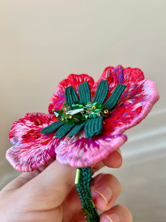 Handmade Embroidered Brooch – Flower Eye in Pink
