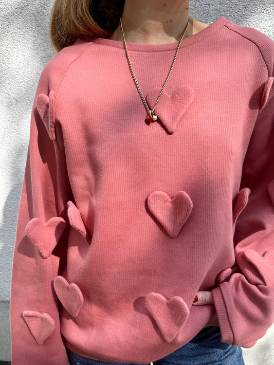 Handmade Organic Cotton Sweater – 3D Hearts (Dusty Pink)