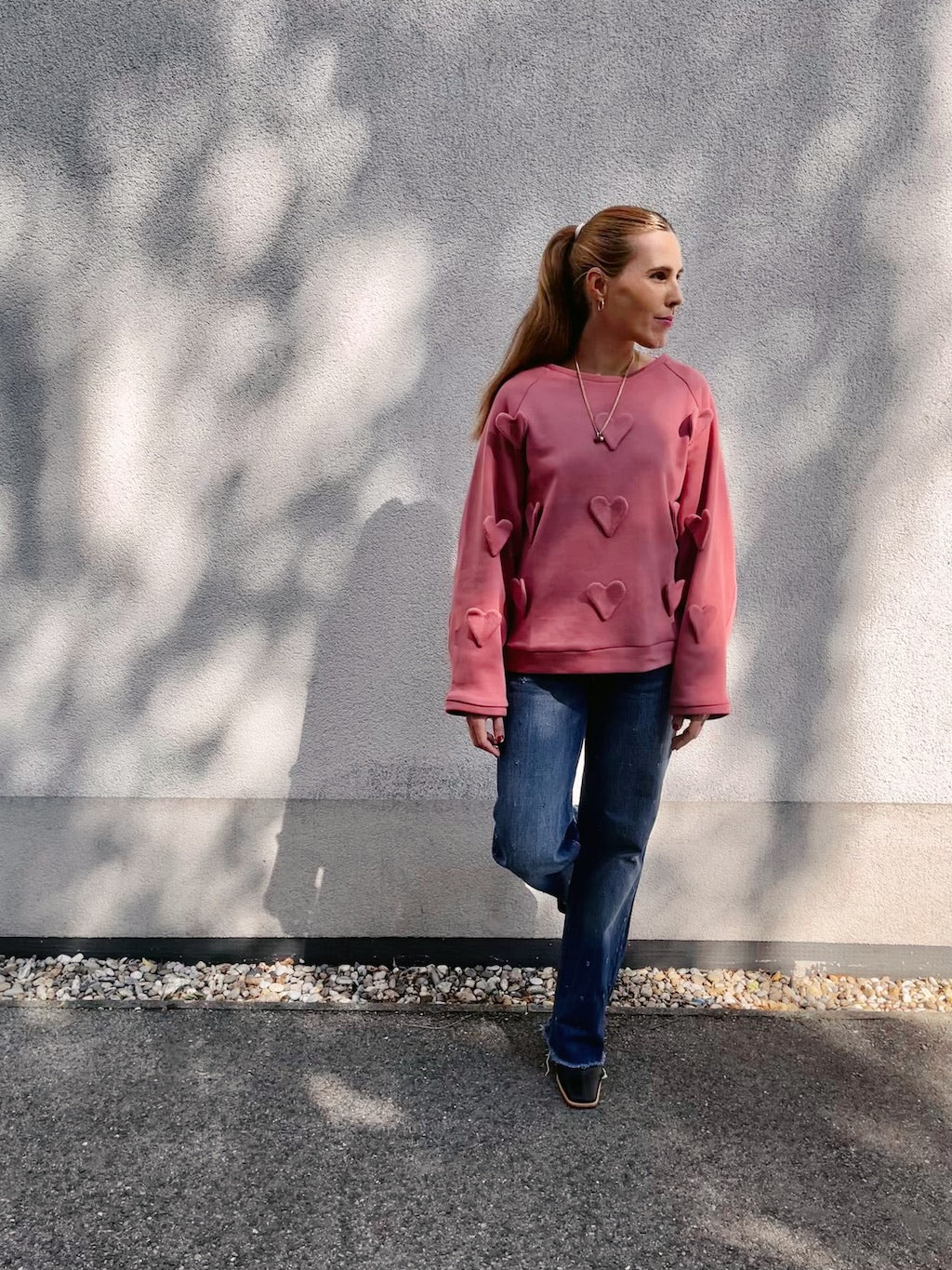 Handmade Organic Cotton Sweater – 3D Hearts (Dusty Pink)