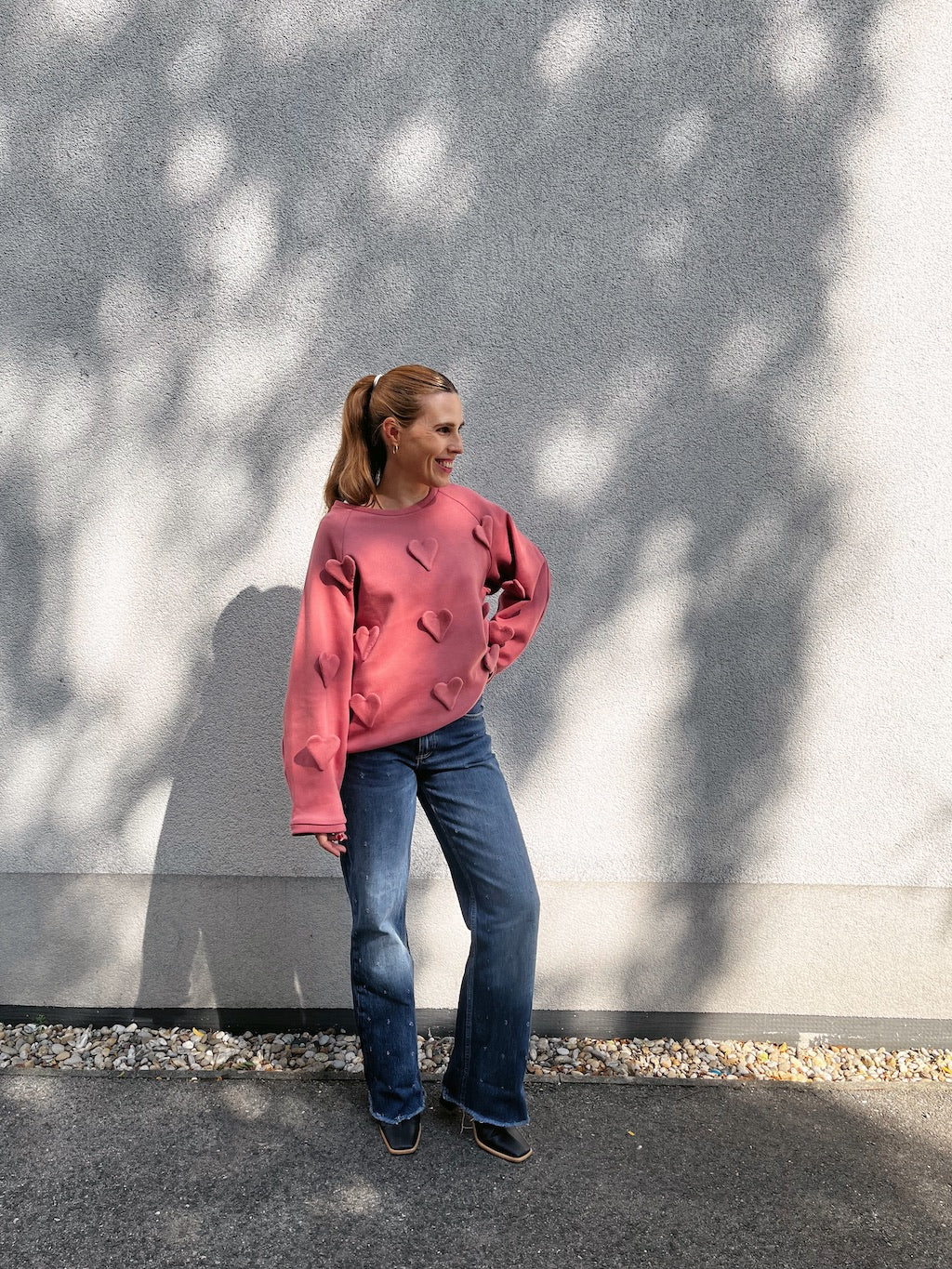 Handmade Organic Cotton Sweater – 3D Hearts (Dusty Pink)