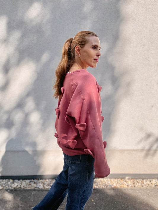 Handmade Organic Cotton Sweater – 3D Hearts (Dusty Pink)