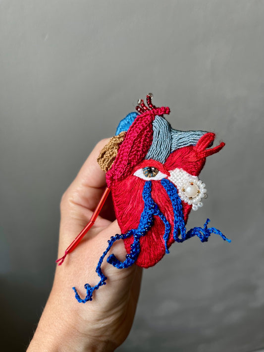 Hand-embroidered heart brooch with glass beads, handmade in Vienna, Austria