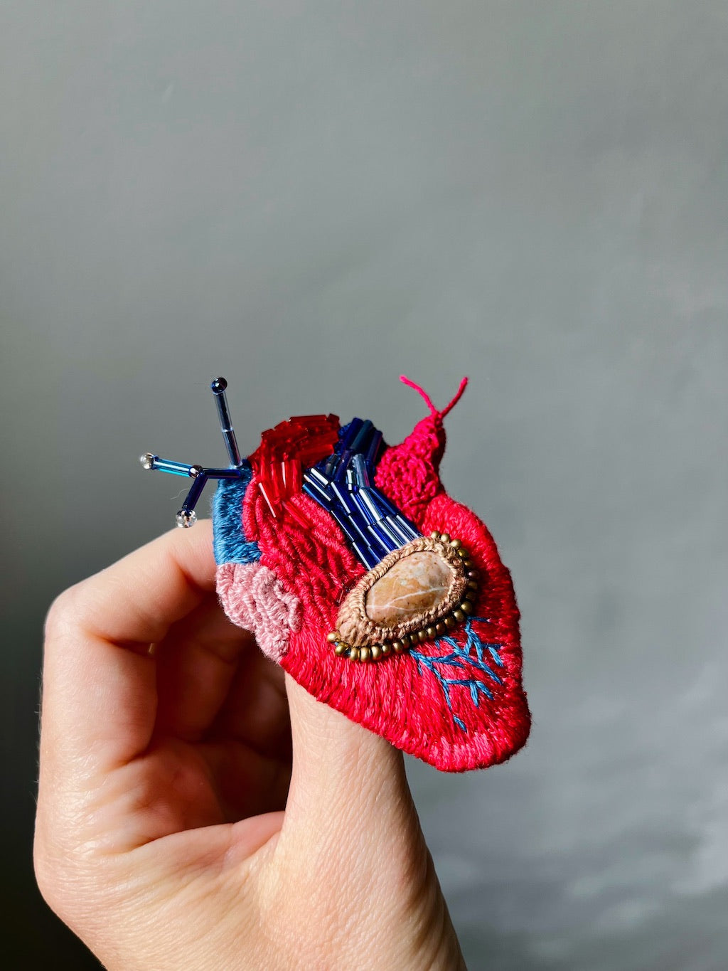 Handmade Embroidered Brooch – Heart with Brown Stone