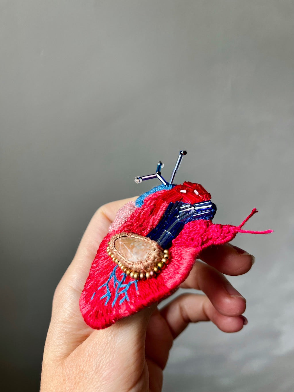 Handmade Embroidered Brooch – Heart with Brown Stone