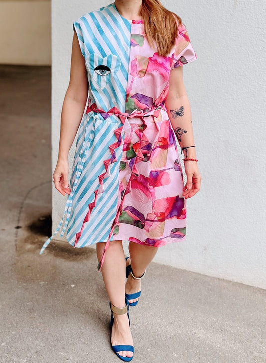 Handmade Asymmetric Dress with Embroidered Eye — Stripes & Watercolor Florals