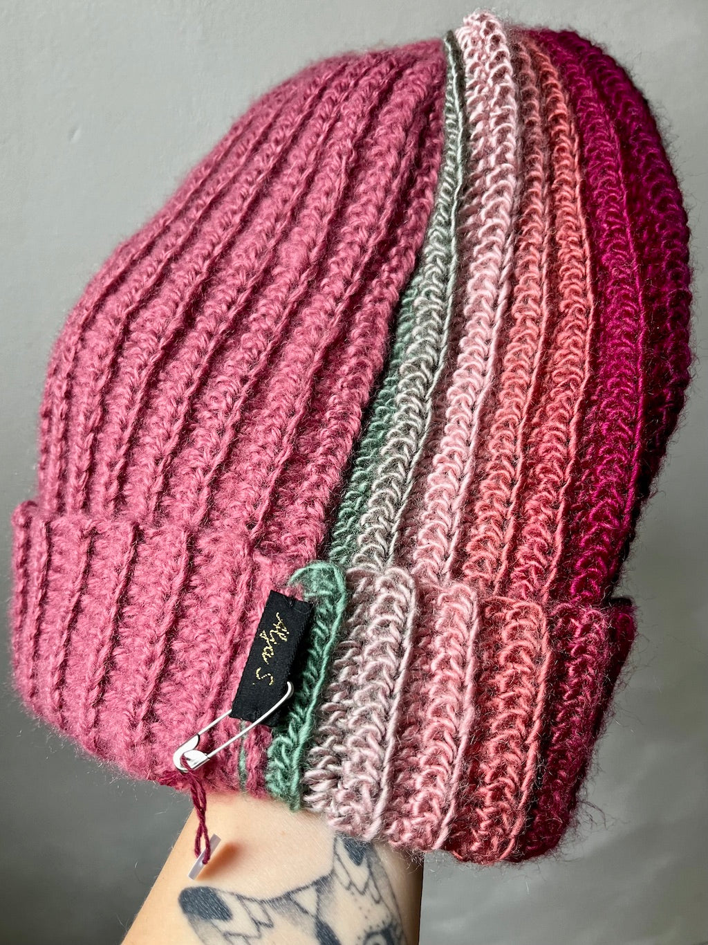 Handmade Crochet Beanie – Three Eyes Embroidery (Pink Ombre)