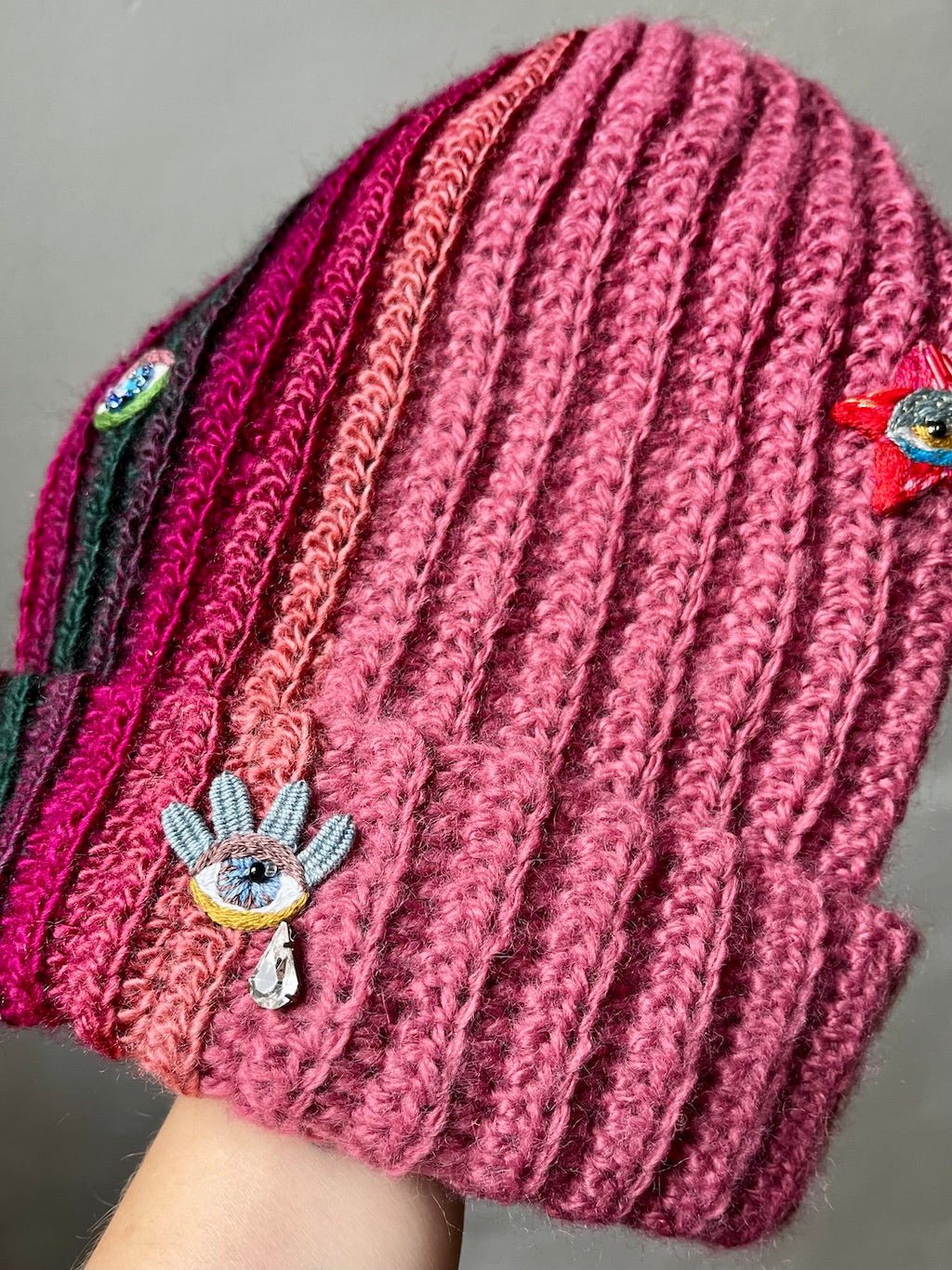 Handmade Crochet Beanie – Three Eyes Embroidery (Pink Ombre)