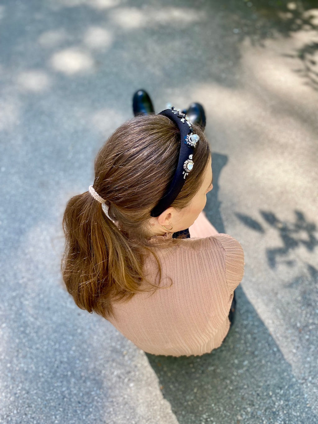 Handmade Beaded Headband – Black with Crystals