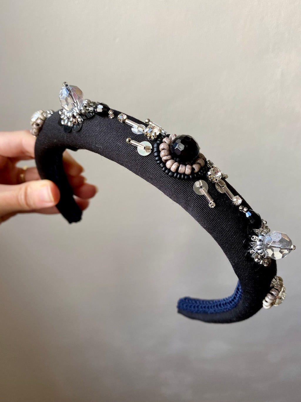 Handmade Beaded Headband – Black with Crystals