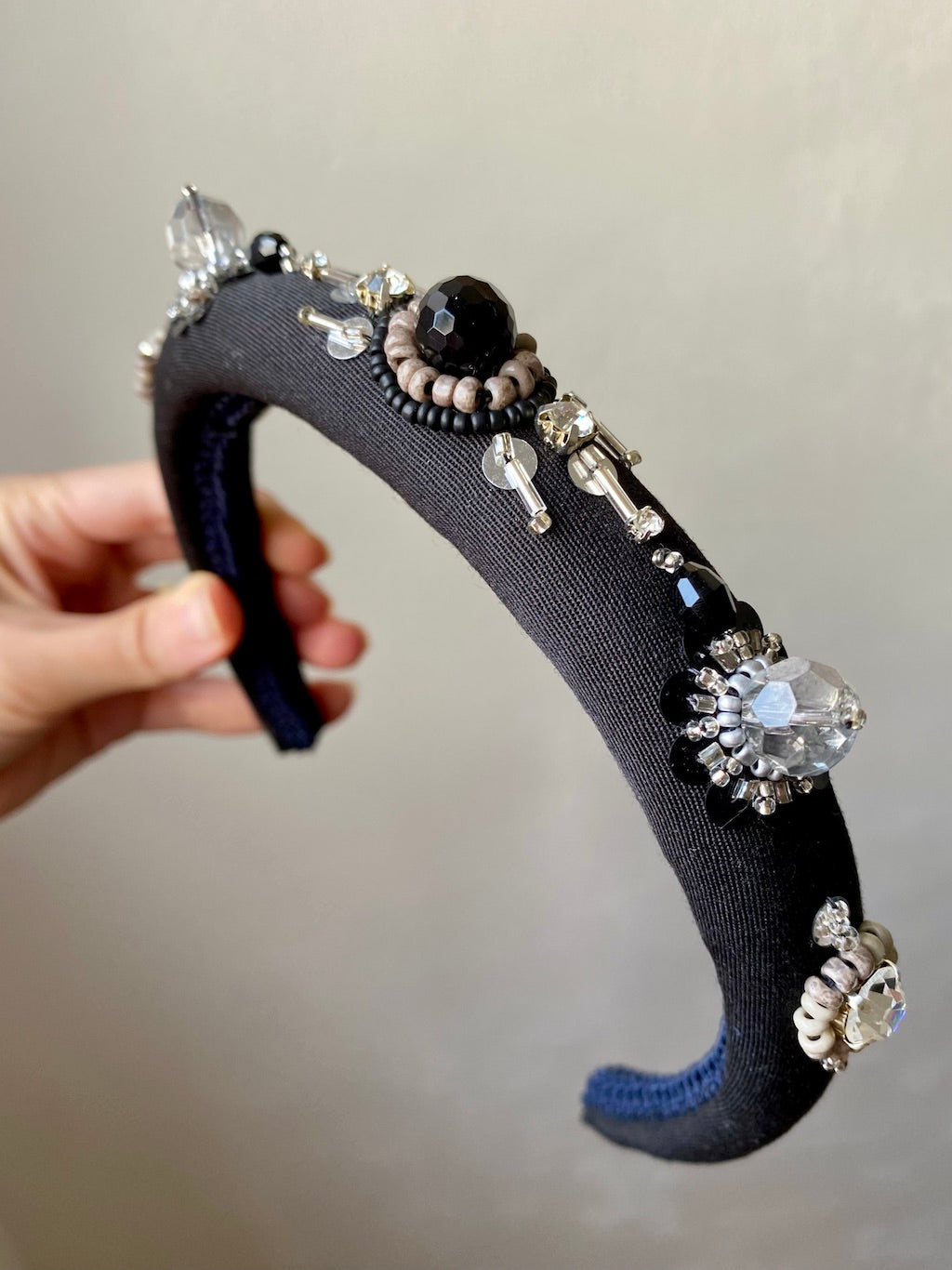 Handmade Beaded Headband – Black with Crystals