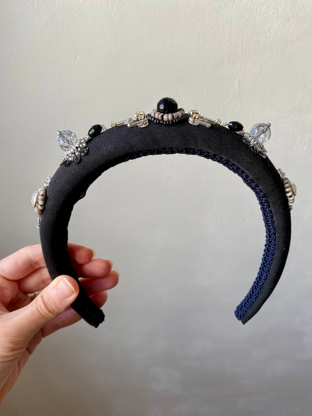 Handmade Beaded Headband – Black with Crystals