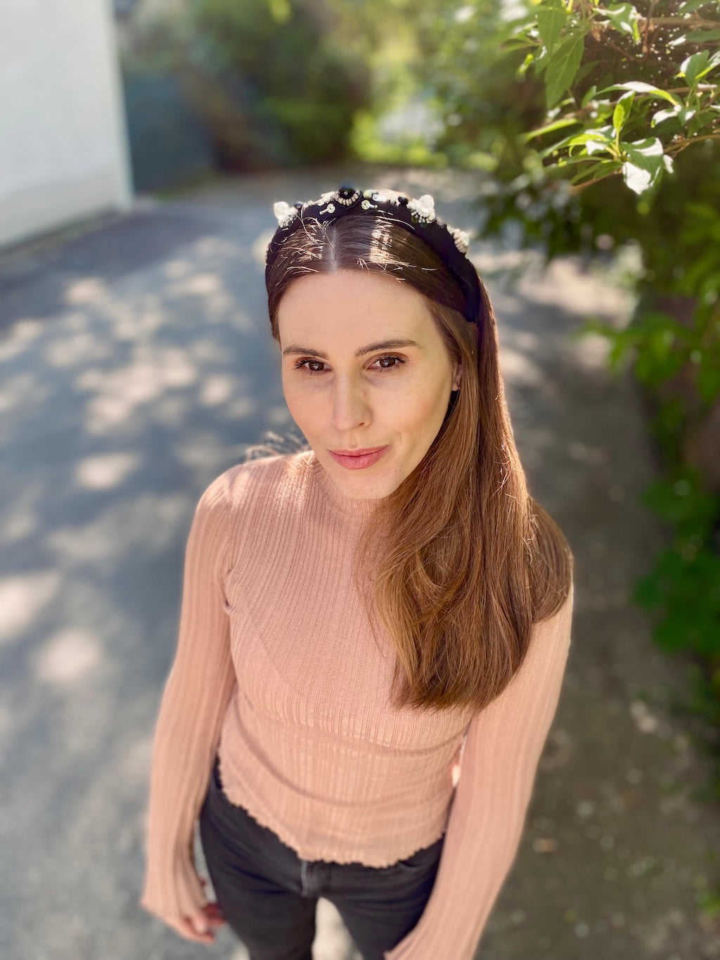 Handmade Beaded Headband – Black with Crystals