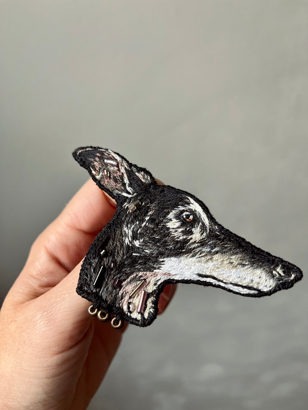 Handmade Embroidered Brooch – Black Galgo
