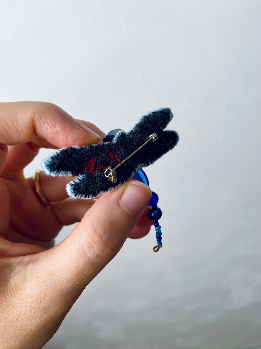 Handmade Embroidered Brooch – Deep Blue Dragonfly