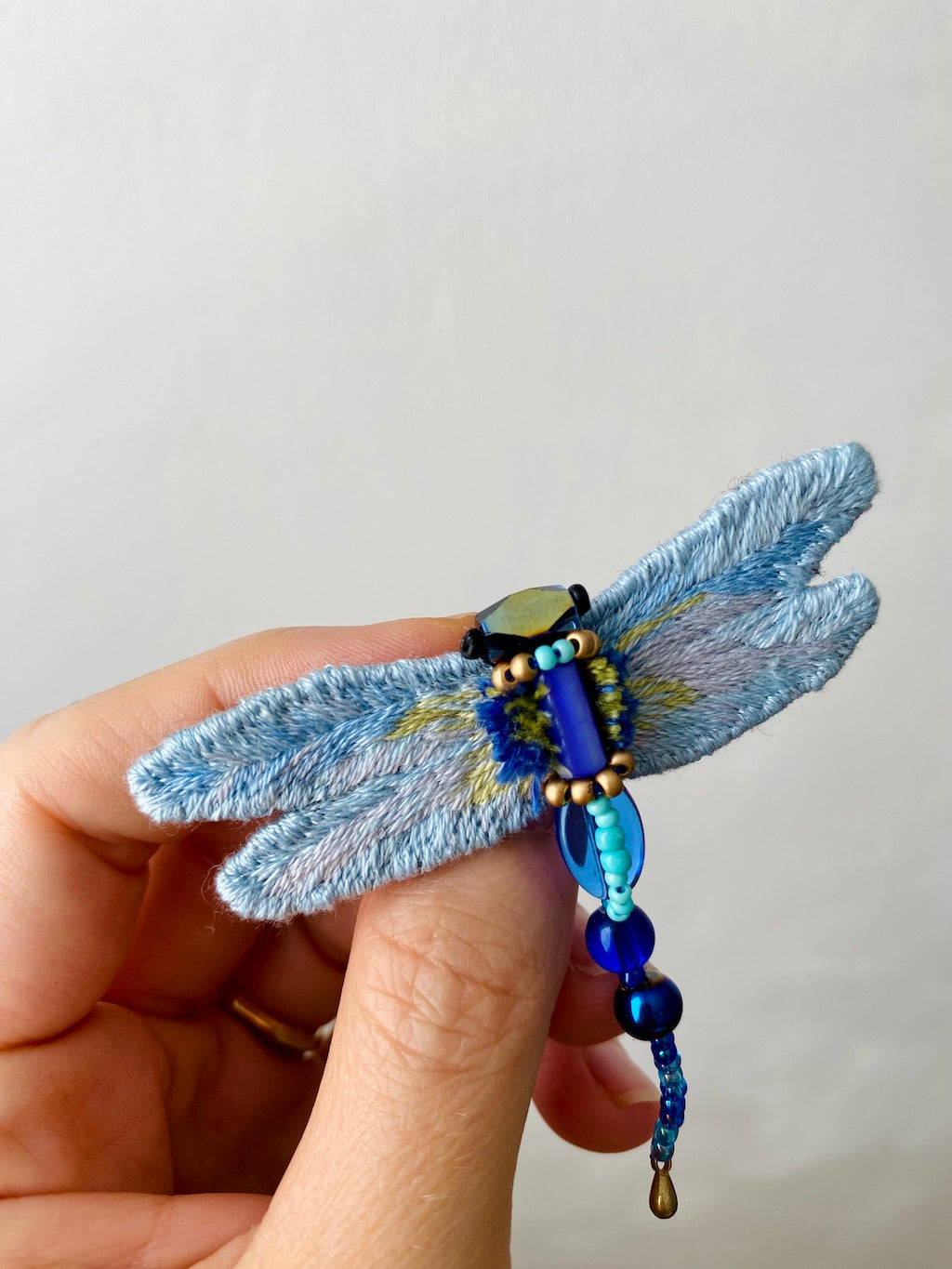 Handmade Embroidered Brooch – Deep Blue Dragonfly