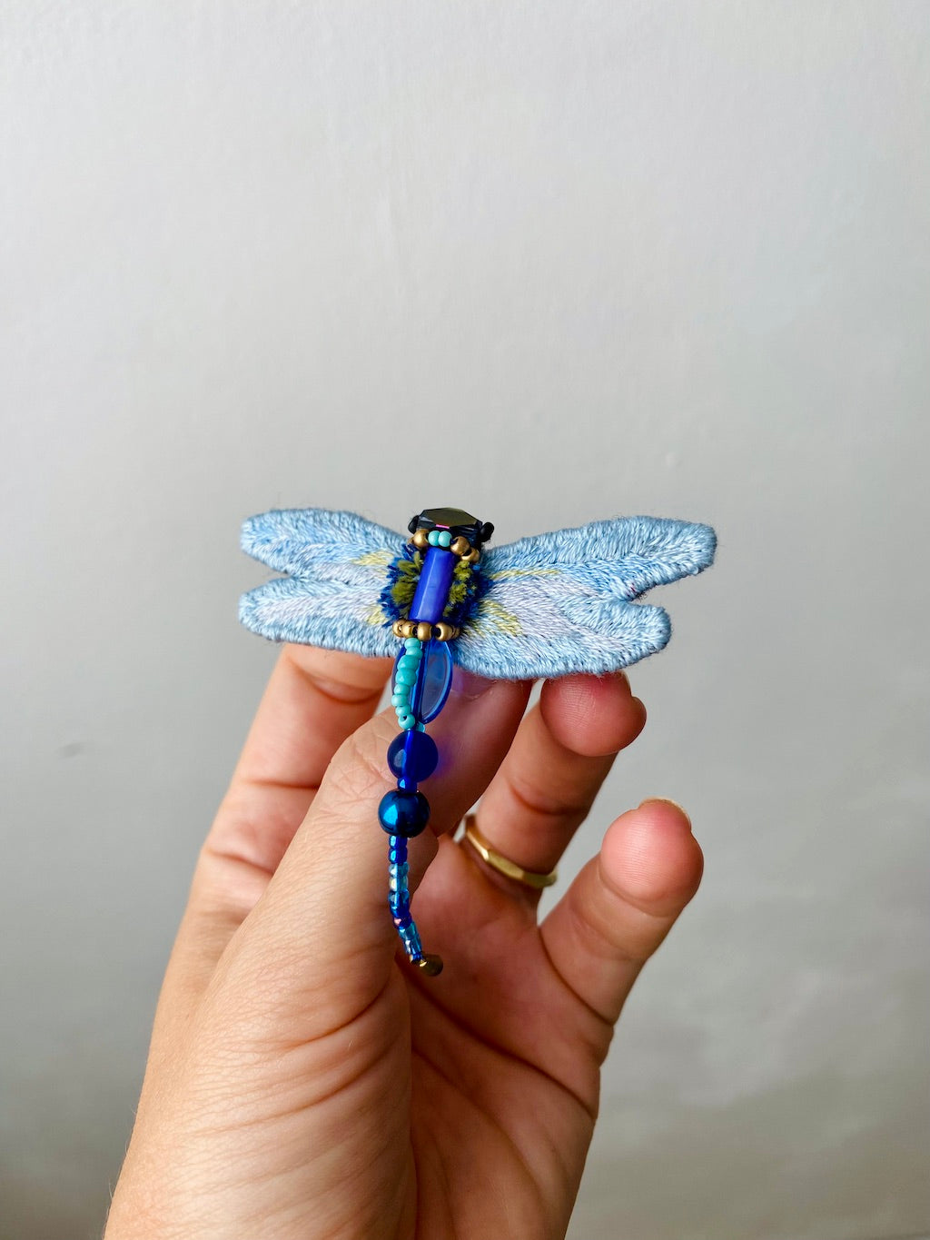 Handmade Embroidered Brooch – Deep Blue Dragonfly