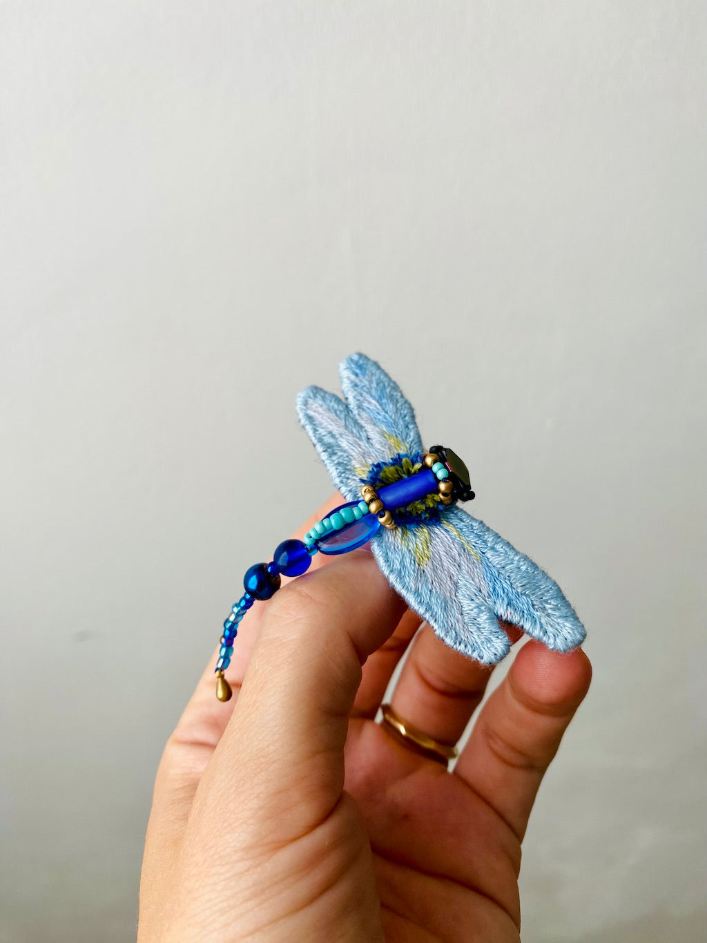 Handmade Embroidered Brooch – Deep Blue Dragonfly