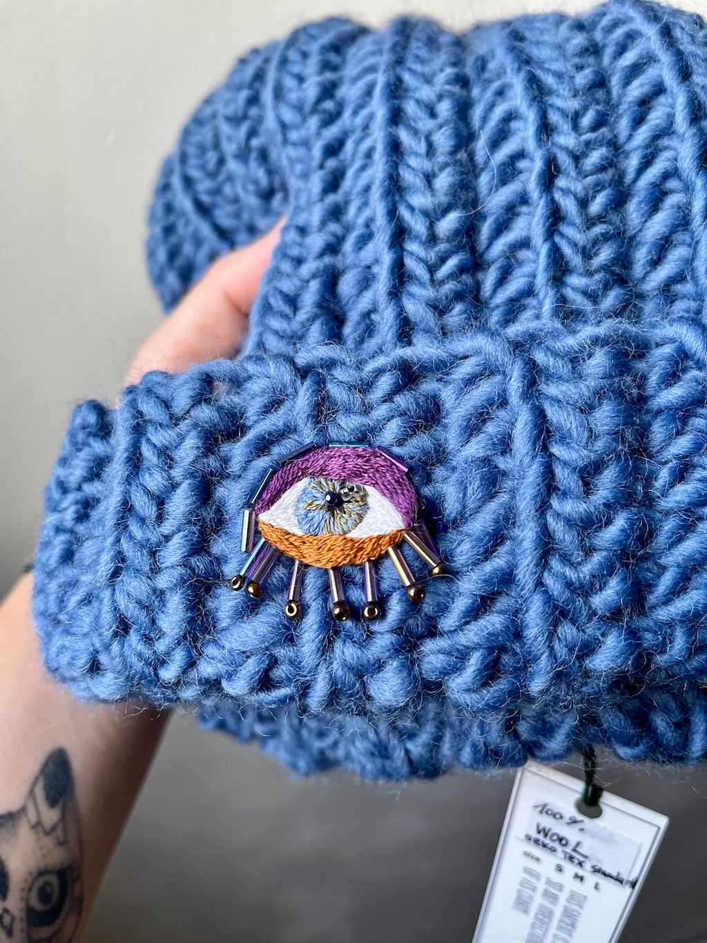 Handmade Crochet Beanie – Eye Embroidery (Blue) with 100% Wool
