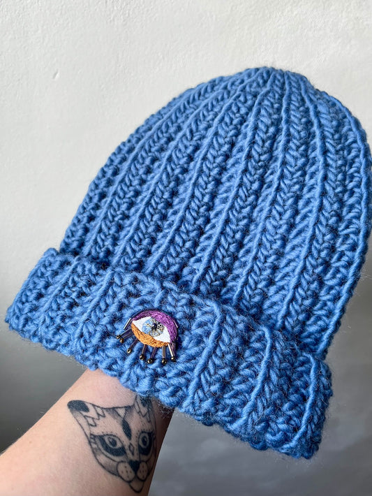 Handmade Crochet Beanie – Eye Embroidery (Blue) with 100% Wool