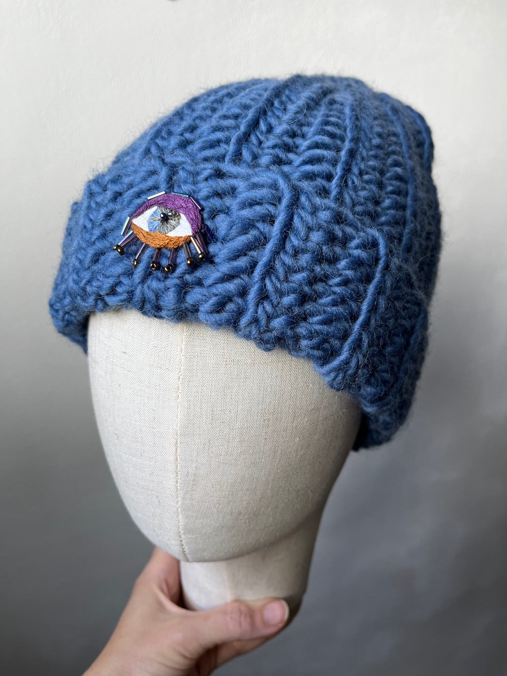 Handmade Crochet Beanie – Eye Embroidery (Blue) with 100% Wool