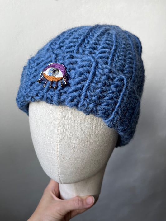Handmade Crochet Beanie – Eye Embroidery (Blue) with 100% Wool